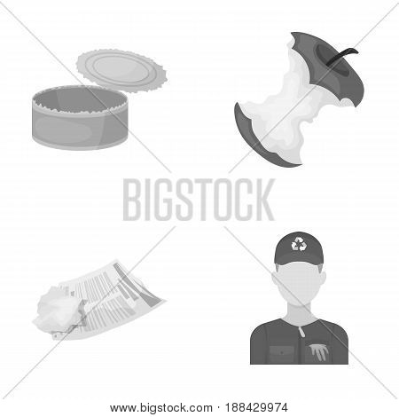 Can used used pot, apple stub, old dirty and wrinkled newspaper, the man who takes out the garbage.Garbage and trash set collection icons in monochrome style vector symbol stock illustration .