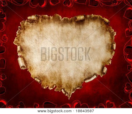Hjerte-formede vintage stykke pergament. Valentinsdag Card romantisk kærlighedsbrev på rød baggrund.