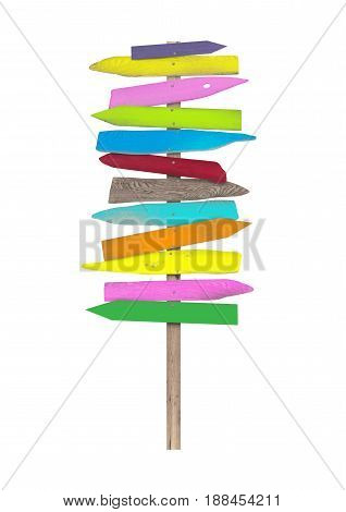 bright colorful blank wooden directional beach signs on pole isolated on white background