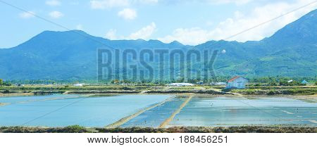 Transparent landscape with shrimp feeding farms in Vietnam