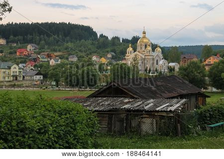 Panorama of Schodnica on of forested mountains. Carpathians Ukraine