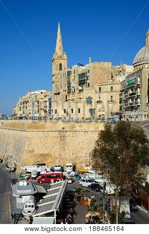 VALLETTA, MALTA - MARCH 30, 2017 - View of St Pauls Anglican Cathedral and the Basilica of Our Lady of Mount Carmel Valletta Malta Europe, March 30, 2017.