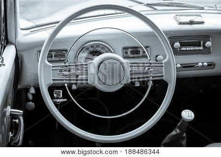 BERLIN GERMANY - MAY 17 2014: Cabin of the full-size luxury car BMW 502 convertible. Toning. 27th Oldtimer Day Berlin - Brandenburg