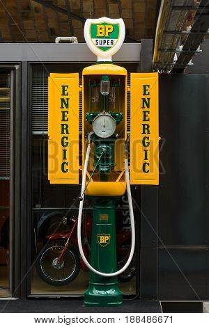 BERLIN GERMANY - MAY 17 2014: Fuel dispenser SIAM France nickname Iron maiden (1935). 27th Oldtimer Day Berlin - Brandenburg