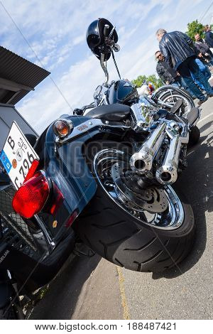 BERLIN GERMANY - MAY 17 2014: Motorcycle Harley Davidson Softail. Rear view. 27th Oldtimer Day Berlin - Brandenburg