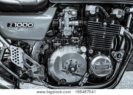 BERLIN GERMANY - MAY 17 2014: Engine of the Japanese motorcycle Kawasaki Kz1000. Close up. Black and white. 27th Oldtimer Day Berlin - Brandenburg