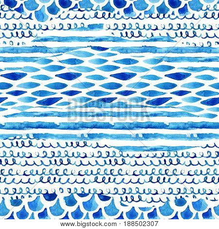 Watercolor textured seamless pattern with wave stripe squiggle fish scale ornaments. Abstract background in marine style. Hand painted water color illustration