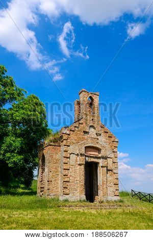 Remains of old ruined monastery church on the hill above small town of Titel in Vojvodina Serbia