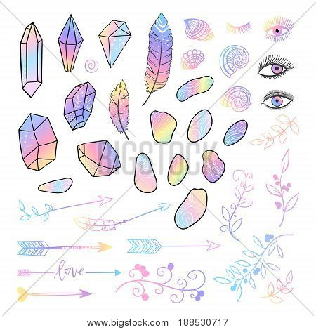 Vector Boho Gradient Element Set With Hand Drawn Arraw, Feather, Eyes, Shell, Stone, Branch.