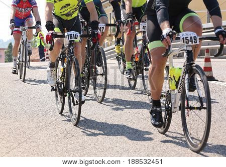 Vicenza VI Italy - April 30 2017: Group of cyclists during the bicycle race called GranFondo Liotto on the road