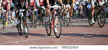 Vicenza, Vi, Italy - April 30, 2017: Group Of Cyclists With Racing Bikes During The Race Called Gran