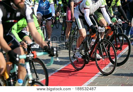 Vicenza, Vi, Italy - April 30, 2017: Group Of Cyclists With Racing Bikes During The Start Of The Bic