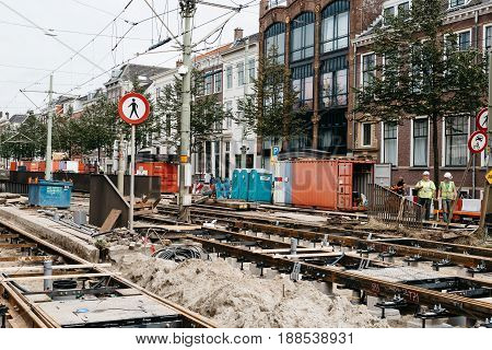 The Hague The Netherlands - August 7 2016: View of construction site for repairing tram tracks in the city centre of the Hague. The Hague is the seat of the Dutch government and multiple international organizations.