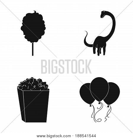 Sweet cotton wool on a stick, a toy dragon, popcorn in a box, colorful balloons on a string. Amusement park set collection icons in black style vector symbol stock illustration .