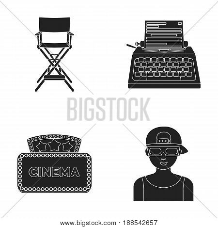 Chair of the director, typewriter, cinematographic signboard, film-man. Films and cinema set collection icons in black style vector symbol stock illustration .