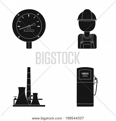 Manometer, worker oilman, fuel refueling, oil factory. Oil industry set collection icons in black style vector symbol stock illustration .