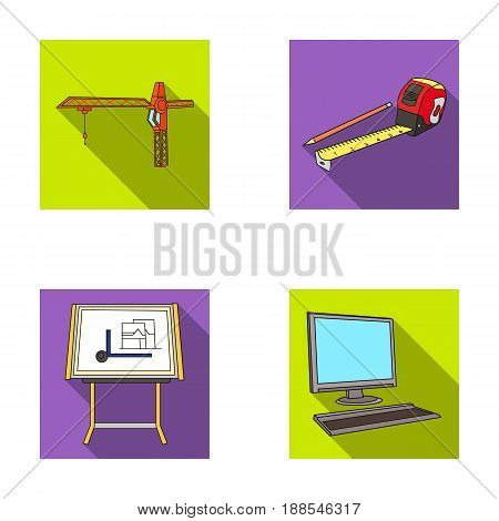Construction crane, measuring tape measure, drawing board, computer. Architecture set collection icons in flat style vector symbol stock illustration .