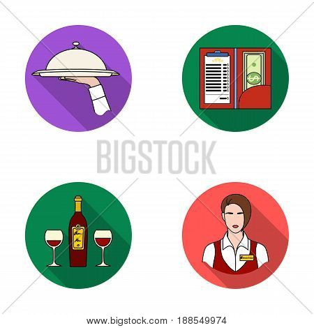 A tray with a cloth, check and cash, a bottle of wine and glasses, a waitress with a badge. Restaurant set collection icons in flat style vector symbol stock illustration .