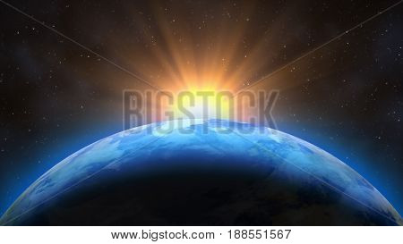 Sunrise Over The Earth. Imaginary View Of Planet Earth In Outer Space With The Rising Sun.