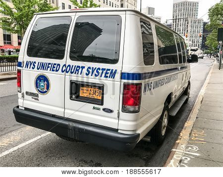 Brooklyn May 24 2017: NYS Unified Court System vehicle is parked by the New York Supreme Court building in Brooklyn.