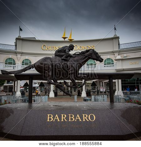 Louisville United States: May 4 2017: Barbaro Statue at Gate 1 on an overcast day