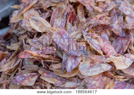 Dried Squid For Food Sale At Mahachai Market Sea Food Market One Of Thailand's Largest Seafood Marke