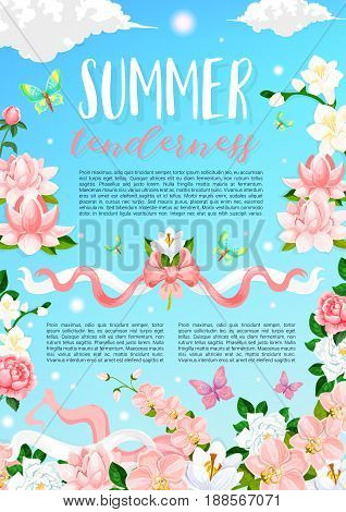 Summer tenderness poster of orchids, jasmine or magnolia flowers. Vector floral design of blooming summertime bouquets and butterflies on pink ribbon in blue sunny sky, flourish daisy or lily bunches
