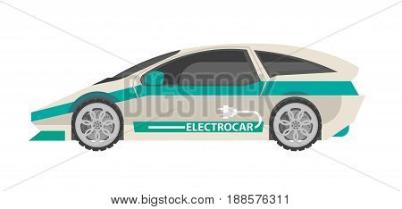 Modern electrocar with turquoise stripes, tinted windows, sign on side and plug drawing same shape as racing car isolated on white background. Ecologically safe automobile vector illustration.