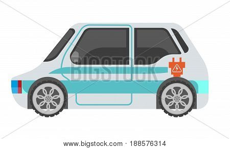 Electrocar isolated on white in light color with blue stripes and orange plug sign. Vector illustration in flat design of fast mean of transportation refueling using electric power. Eco charging way