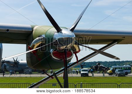 BERLIN GERMANY - MAY 21 2014: Turboprop engine Pratt & Whitney Canada PT6A-65B closeup military transport aircraft PZL M28B Bryza. Polish Air Force. Exhibition ILA Berlin Air Show 2014