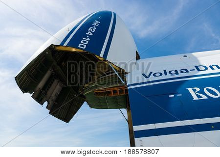 BERLIN GERMANY - MAY 21 2014: Open front loading ramp jet aircraft Antonov An-124 Ruslan. Exhibition ILA Berlin Air Show 2014