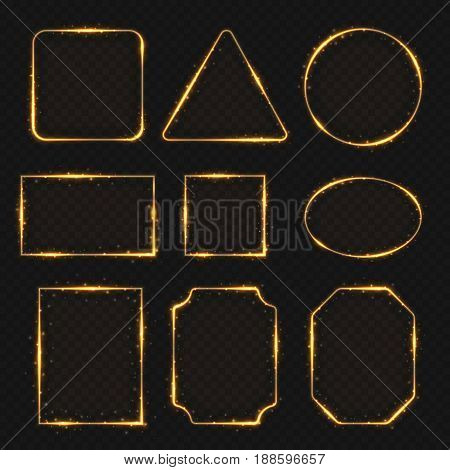 Golden neon shiny electric rectangle borders. Glisten round and oval banners. Frame round and rectangle, illustration of square and oval frame