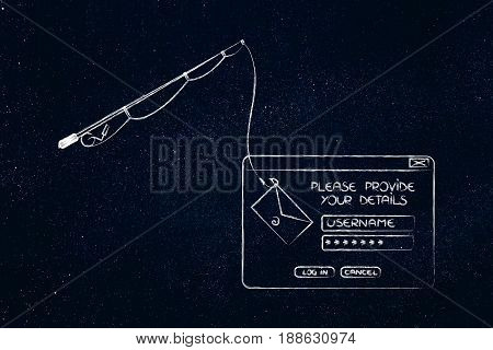 Fishing Rod Capturing Login Credentials, Phishing Concept