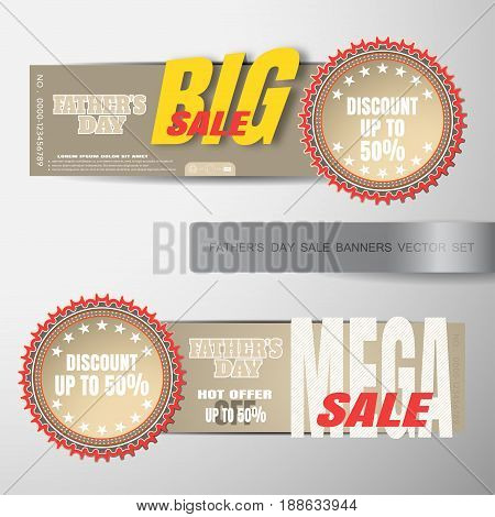 Father's Day BigSALE and MegaSALE vector banners with round label paper craft on the gradient gray background with ribbon.
