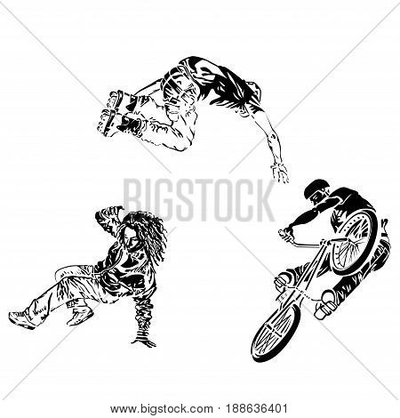Raper dancer roller and bicyclist on white background. Extreme theme modern print. Vector design elements. Isolated on white
