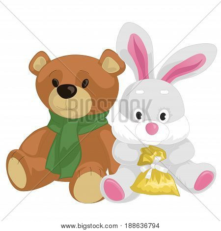 Cute toy teddy bear and rabbit isolated on white