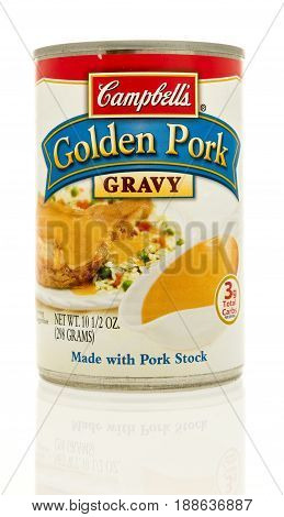 Winneconne WI - 13 May 2017: A can of Campbell's golden pork gravy on an isolated background.