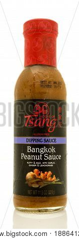Winneconne WI - 16 May 2017: A bottle of House of Tsang Bangkok peanut dipping sauce on an isolated background.