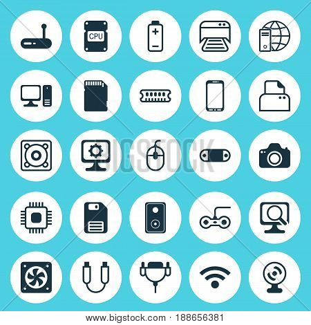 Hardware Icons Set. Collection Of Wireless, Music, Computer Ventilation And Other Elements. Also Includes Symbols Such As Vga, Energy, Dskette.