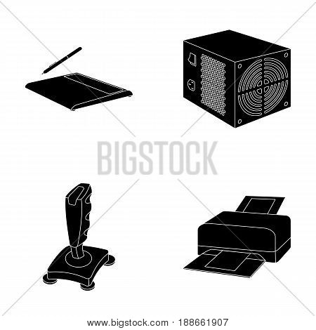 Power unit, dzhostik and other equipment. Personal computer set collection icons in black style vector symbol stock illustration .