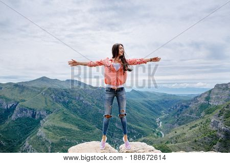Joyful Woman Travel Mountains