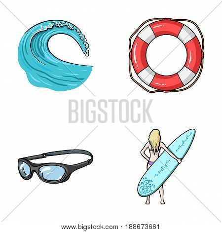 Oncoming wave, life ring, goggles, girl surfing. Surfing set collection icons in cartoon style vector symbol stock illustration .