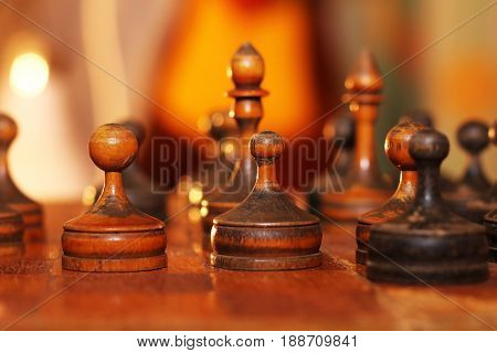 Wooden old chess, developing board game. Retro.
