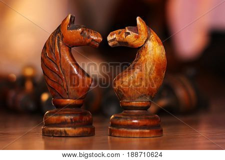 Wooden old chess, developing board game. Retro.
