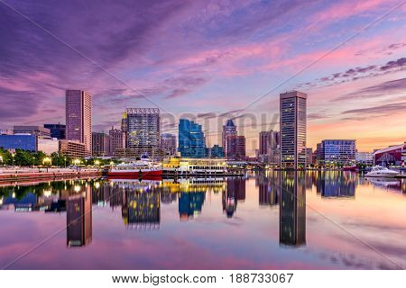 Baltimore, Maryland, USA skyline at the Inner Harbor.