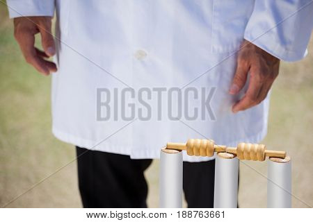 Midsection of umpire standing by cricket stump at match