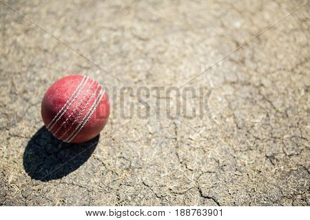 High angle view of cricket ball on pitch during sunny day