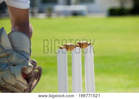 Cropped image of wicketkeeper catching ball behind stumps during sunny day