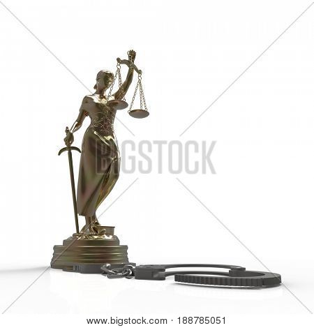 Lady of Justice statue and handcuffs 3d rendering
