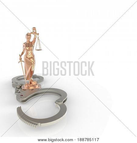 Lady of Justice statue and handcuffs 3d rendering